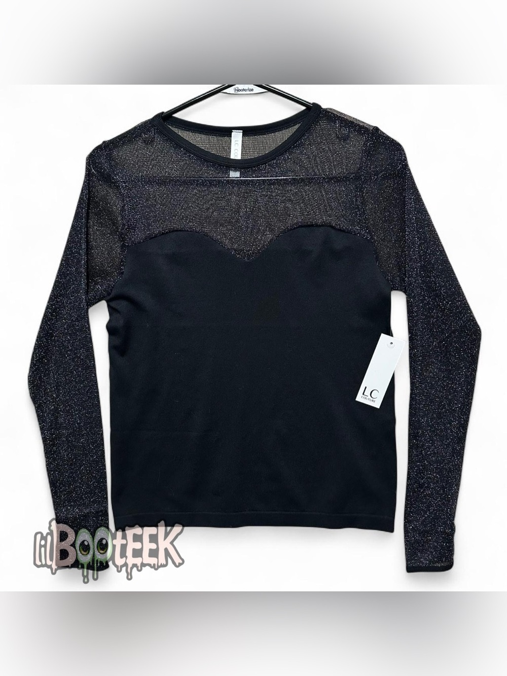 LC Couture Ladies Black Glitter Mesh Long Sleeve Top M/L NEW Y2K